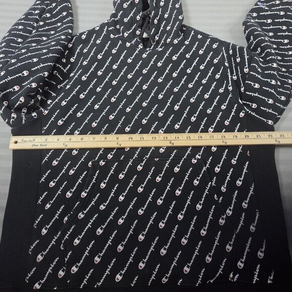 Champion Hoodie Mens Large Black Reverse Weave All Over Logo Script Pullover - Picture 7 of 10